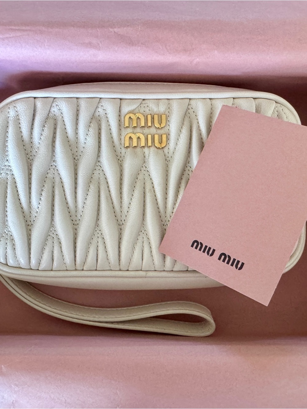 Miu Miu Cream Quilted Leather Wristlet with Gold Logo